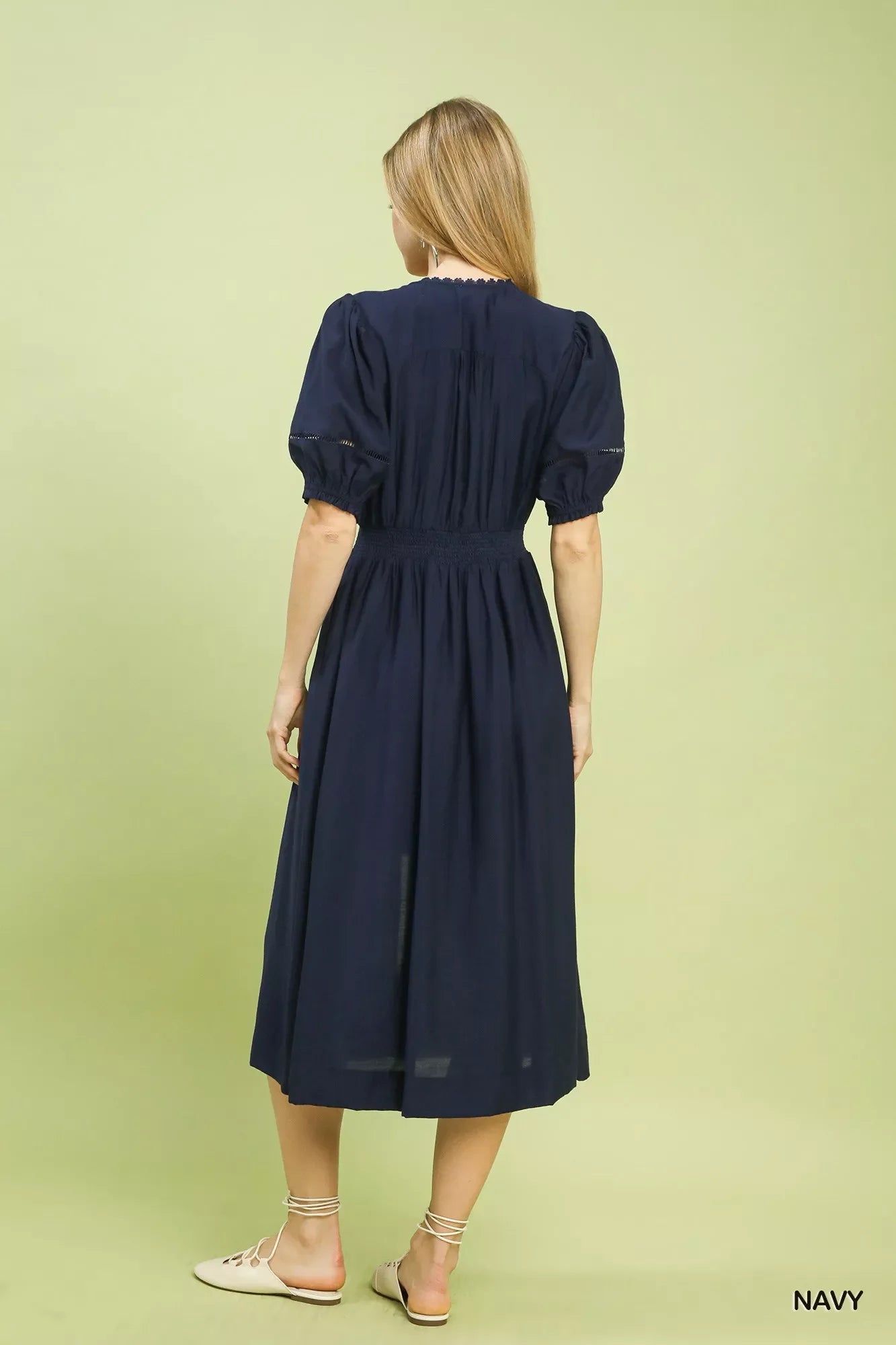 Zip-Front Smocked Waist Midi Dress