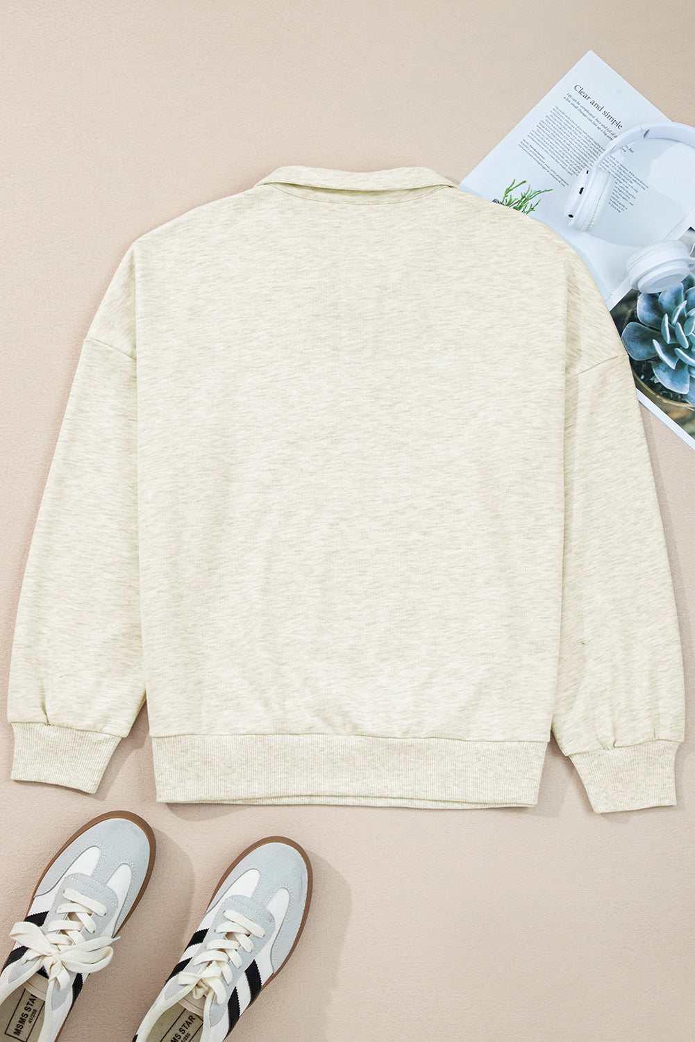Light Grey Contrast Striped Patchwork Zip Collar Pullover Sweatshirt