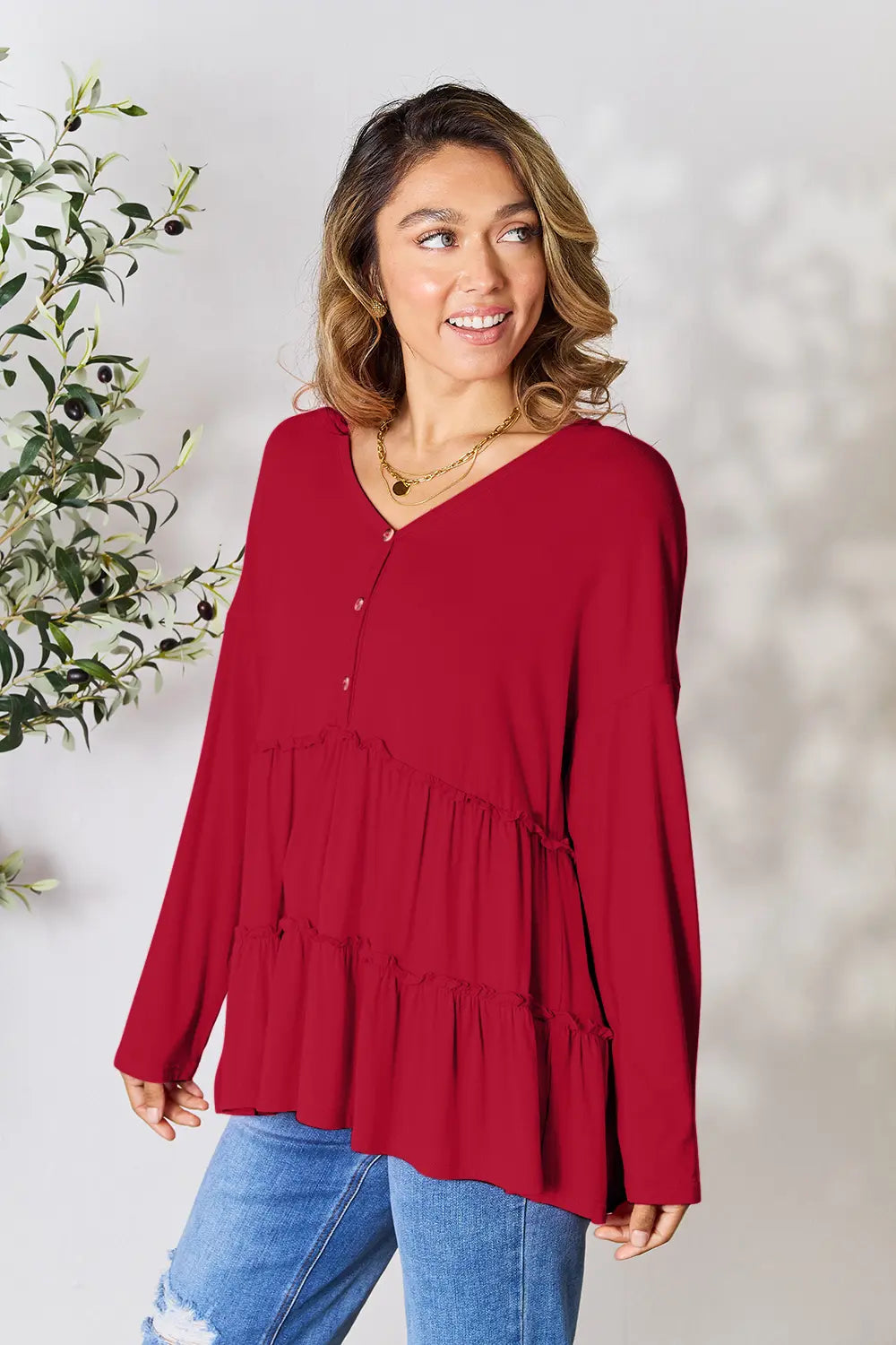 I am a Fashion Junky Take Half Button Long Sleeve Ruffle Hem Blouse