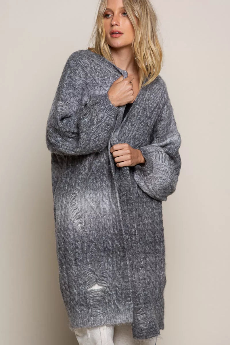 Distressed Cable-Knit Ombre Dying Cardigan