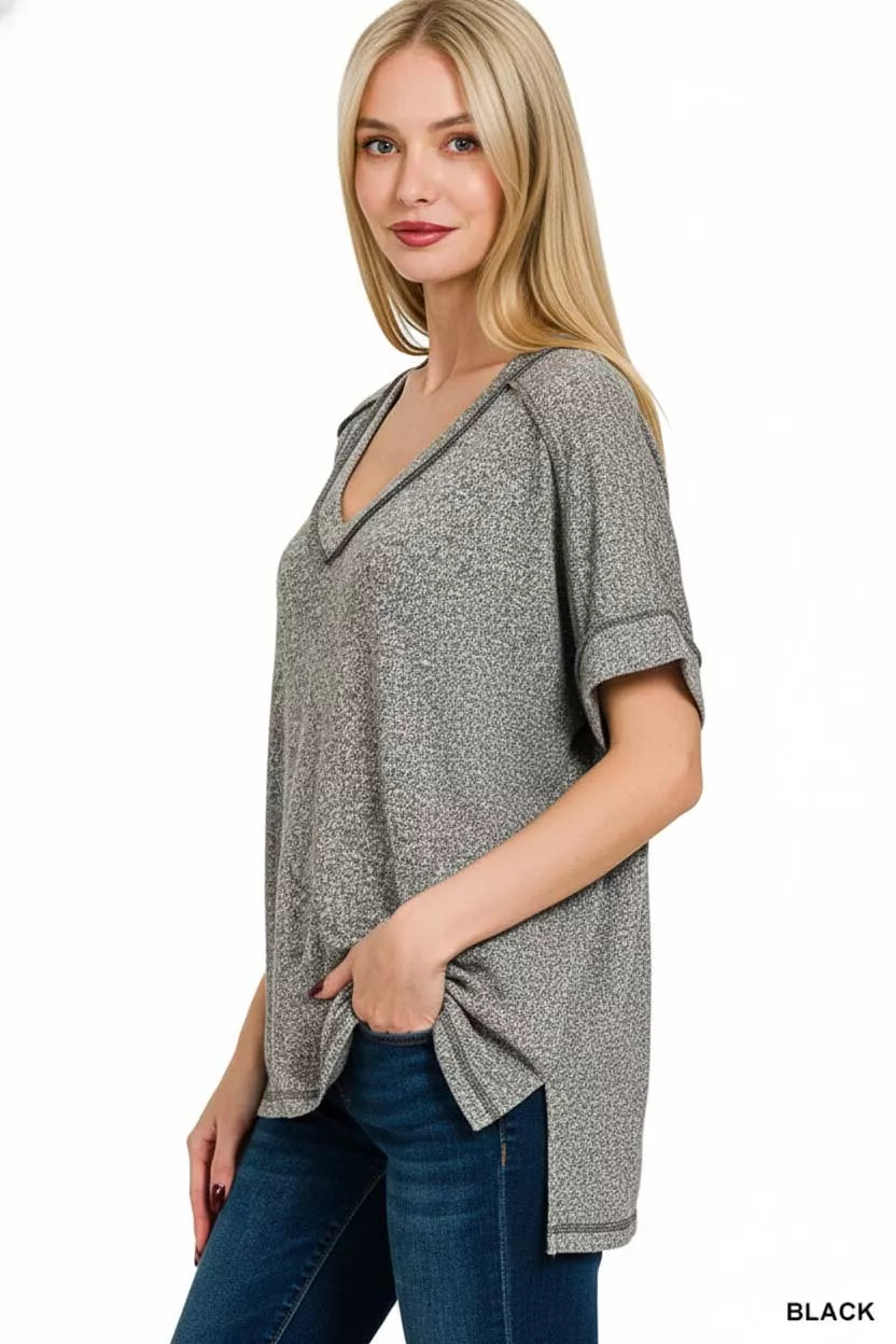 Full Size Soft Melange Hacci V-Neck Short Sleeve Hi-low Tee Plus Size