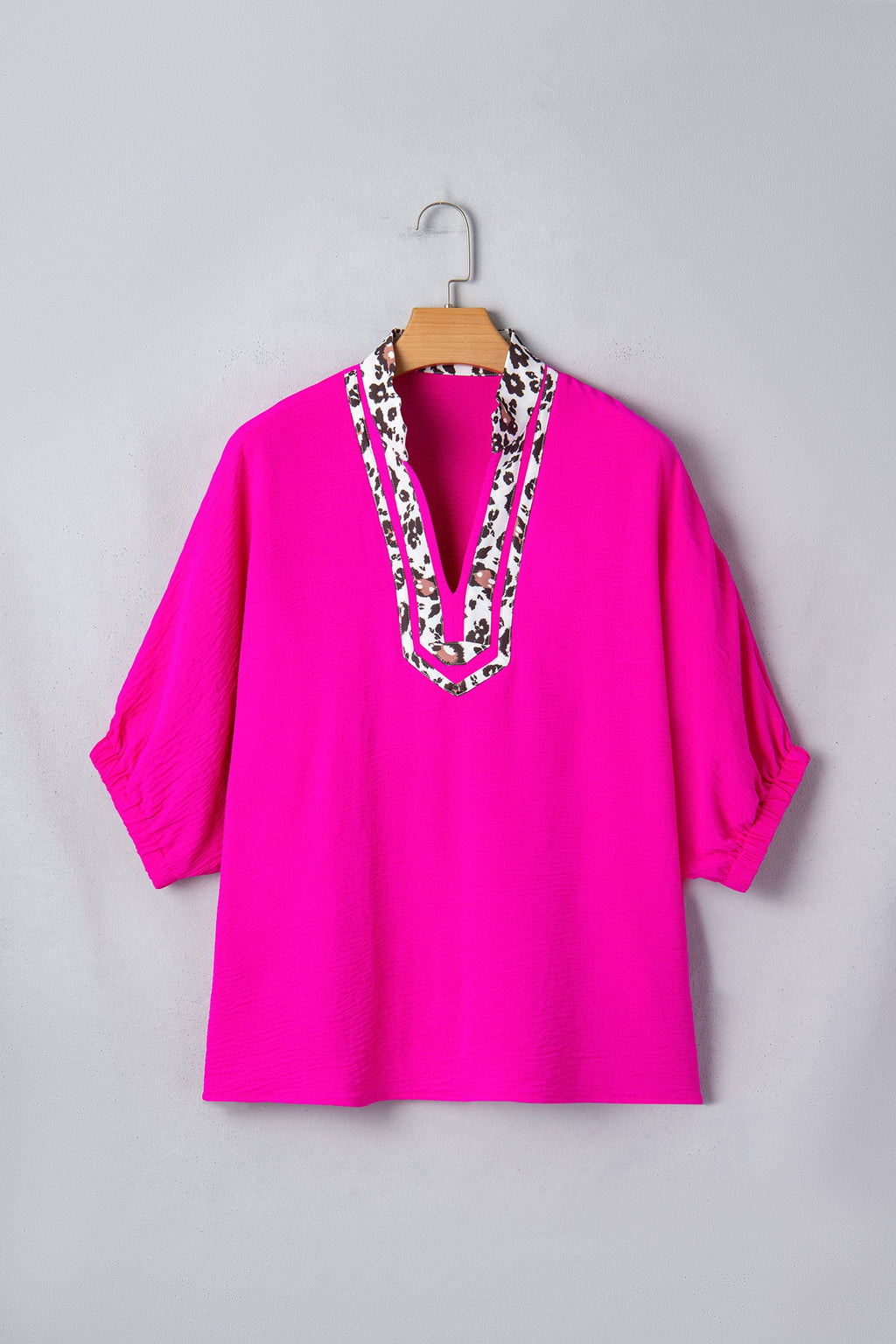 Rose Red Dolman Half Sleeve Leopard Patchwork Trim V Neck Blouse