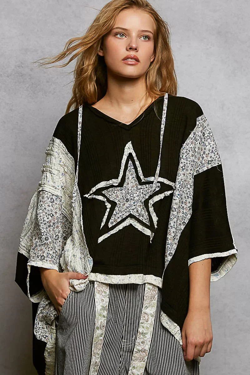 Floral Star Patch Hooded Blouse with Lace Contrast Detail