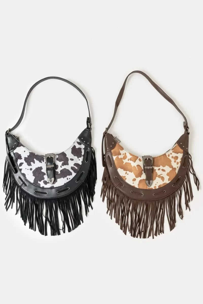 Cow Print Faux Leather Fringe Hobo Bag