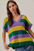Mardi Gras Loose Fit V Neck Stripe Sweater Top