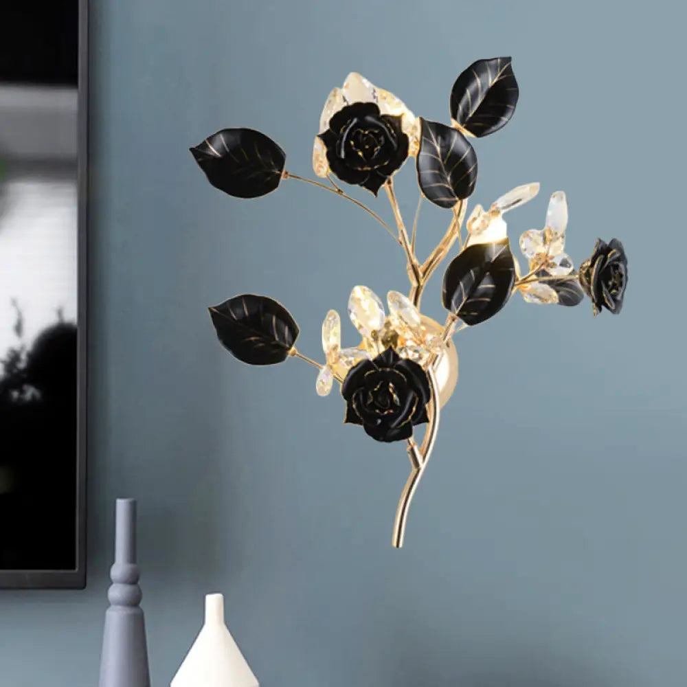 DecorBites™ Ceramic and Crystal Branch Wall Lamp with 3 Bulbs and Rose/Leaf Design in Black/White for Bedroom Sconce Lighting