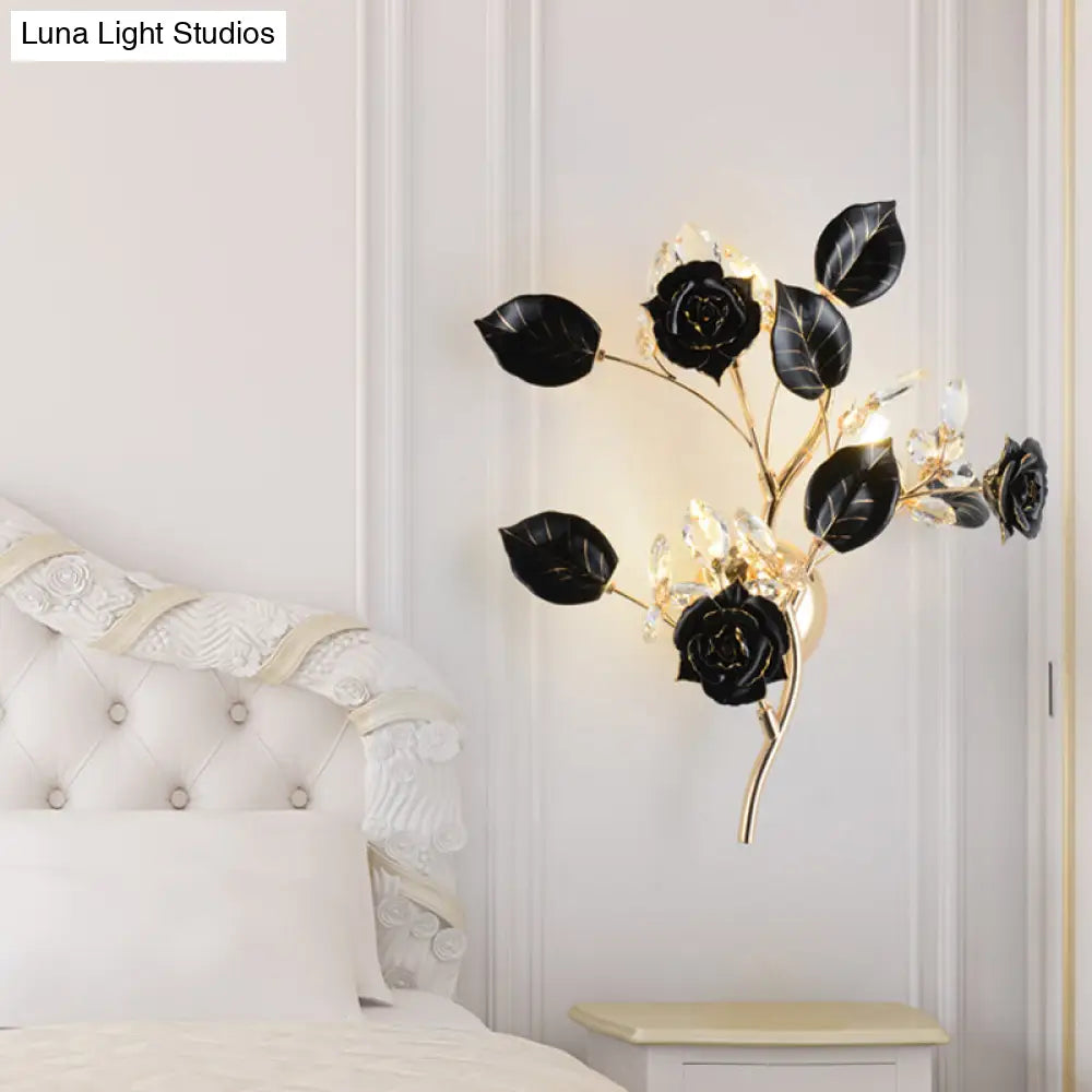 DecorBites™ Ceramic and Crystal Branch Wall Lamp with 3 Bulbs and Rose/Leaf Design in Black/White for Bedroom Sconce Lighting