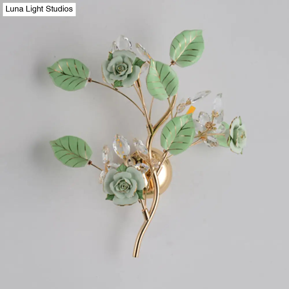 DecorBites™ Ceramic and Crystal Branch Wall Lamp with 3 Bulbs and Rose/Leaf Design in Black/White for Bedroom Sconce Lighting