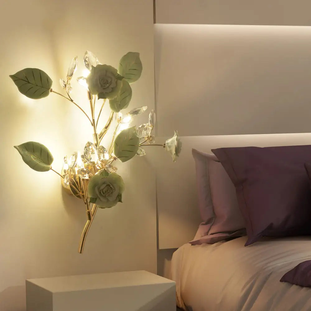 DecorBites™ Ceramic and Crystal Branch Wall Lamp with 3 Bulbs and Rose/Leaf Design in Black/White for Bedroom Sconce Lighting