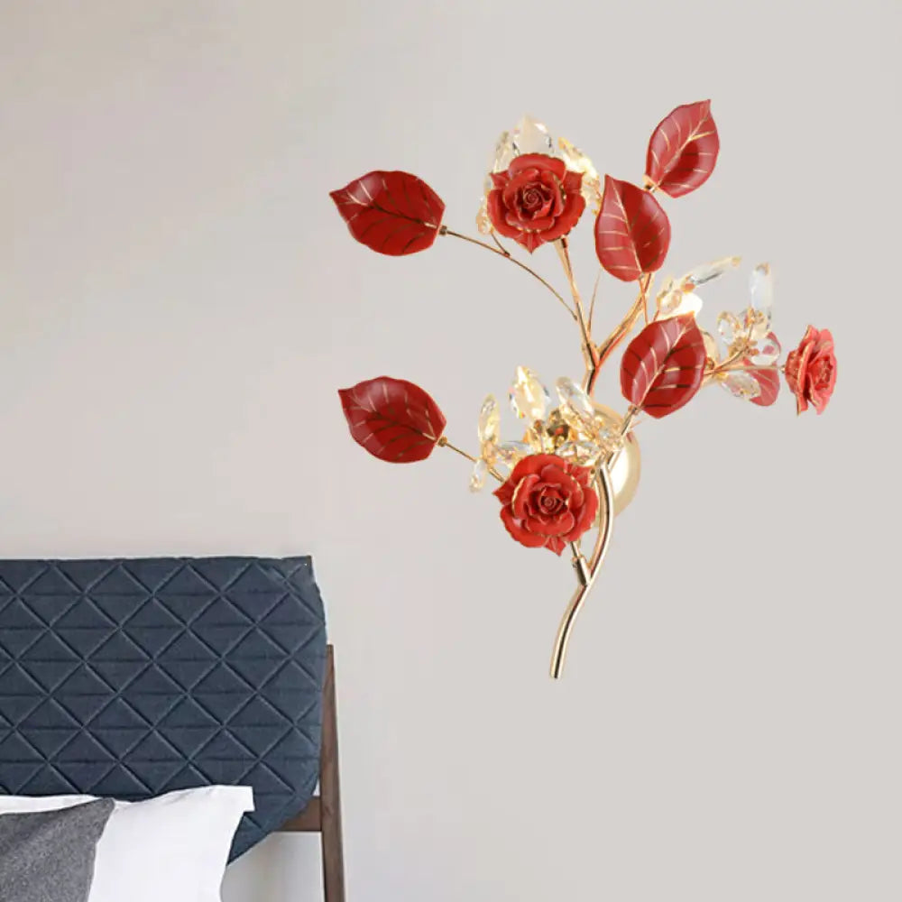 DecorBites™ Ceramic and Crystal Branch Wall Lamp with 3 Bulbs and Rose/Leaf Design in Black/White for Bedroom Sconce Lighting