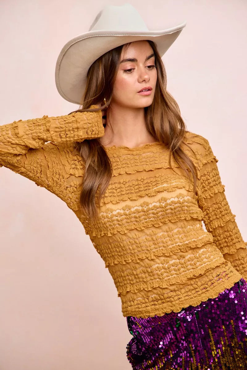 Ruffles Detail Mardi Gras Color Flower Lace Top