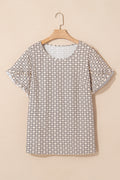 Khaki Plus Size Geometric Print Ruffled Sleeve Blouse