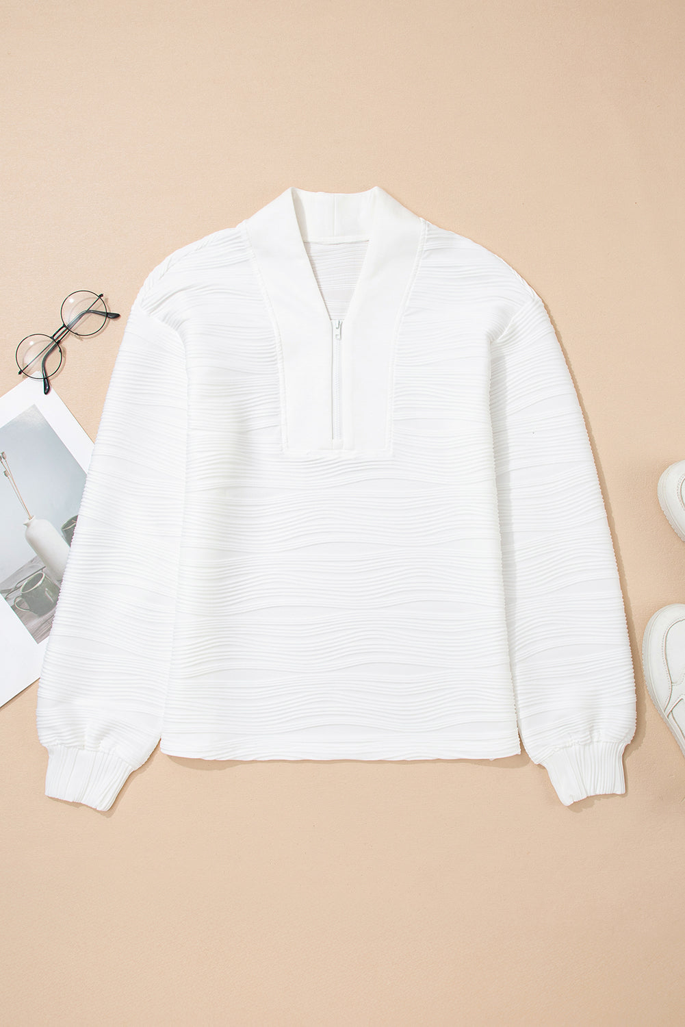 White Solid Color Textured Zip V Neck Pullover Sweatshirt