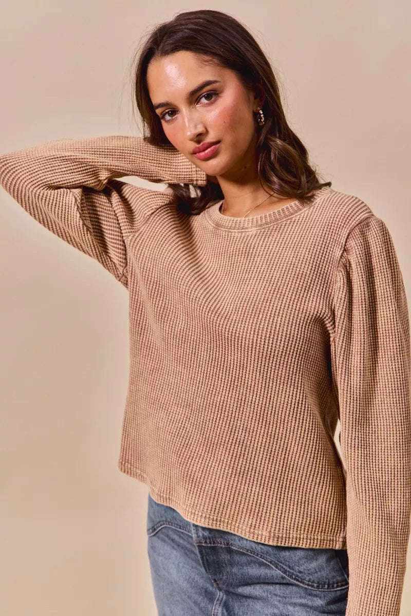 Mineral Washed Waffle Top With Puff Sleeves