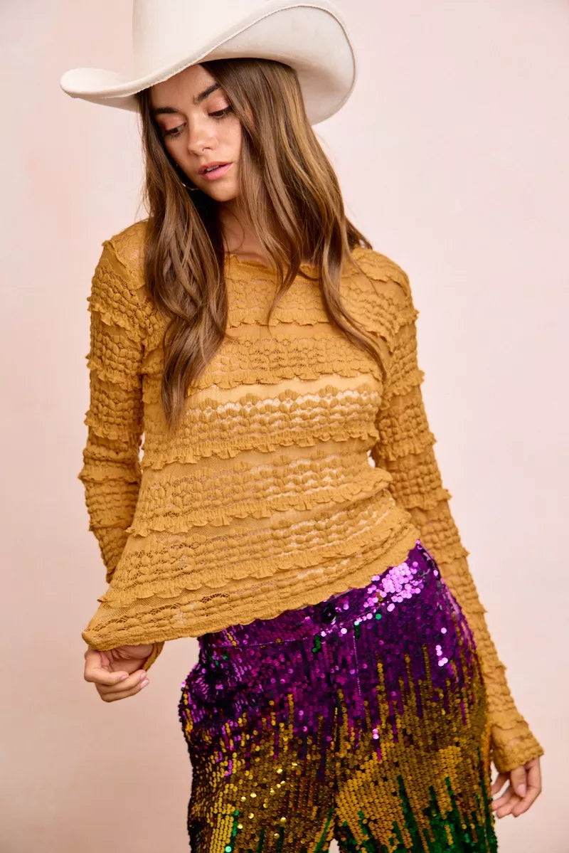 Ruffles Detail Mardi Gras Color Flower Lace Top