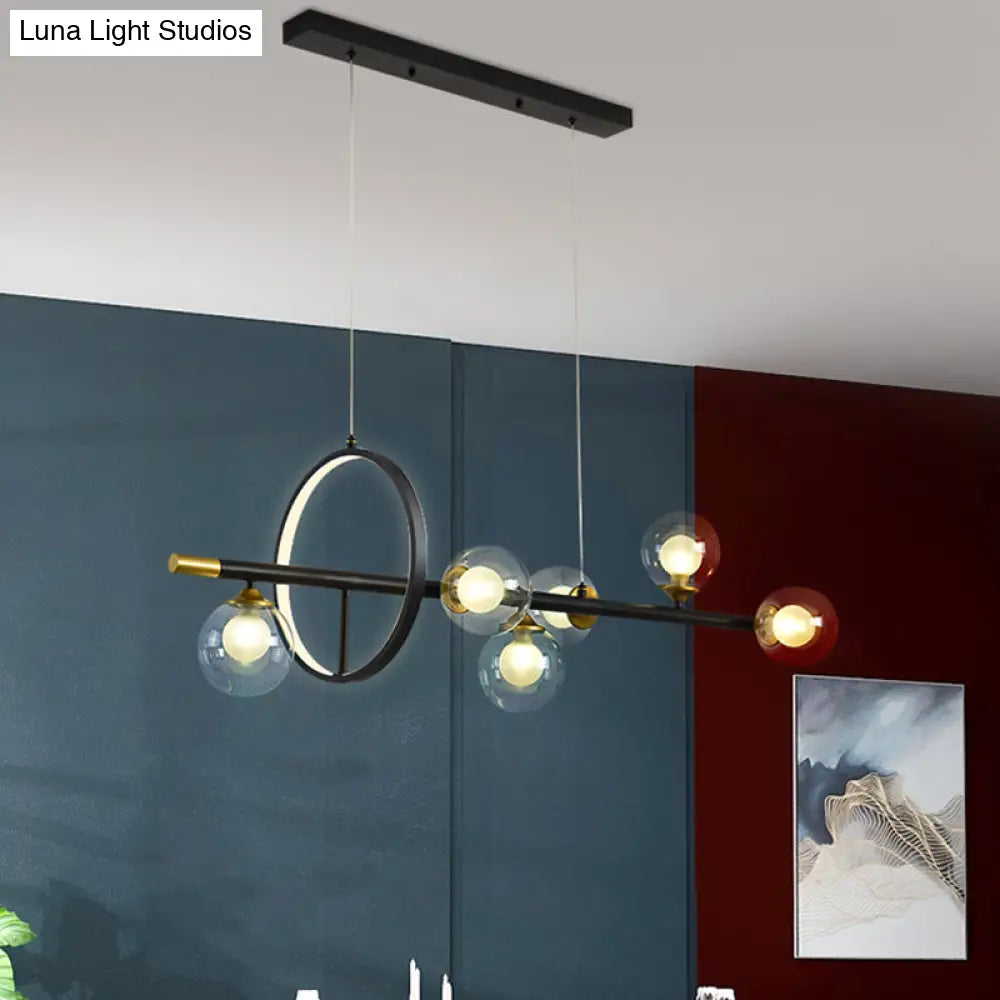 DecorBites™ Clear Glass Molecular Island Chandelier - 4/6-Light Pendant in Black with Metal Ring Deco