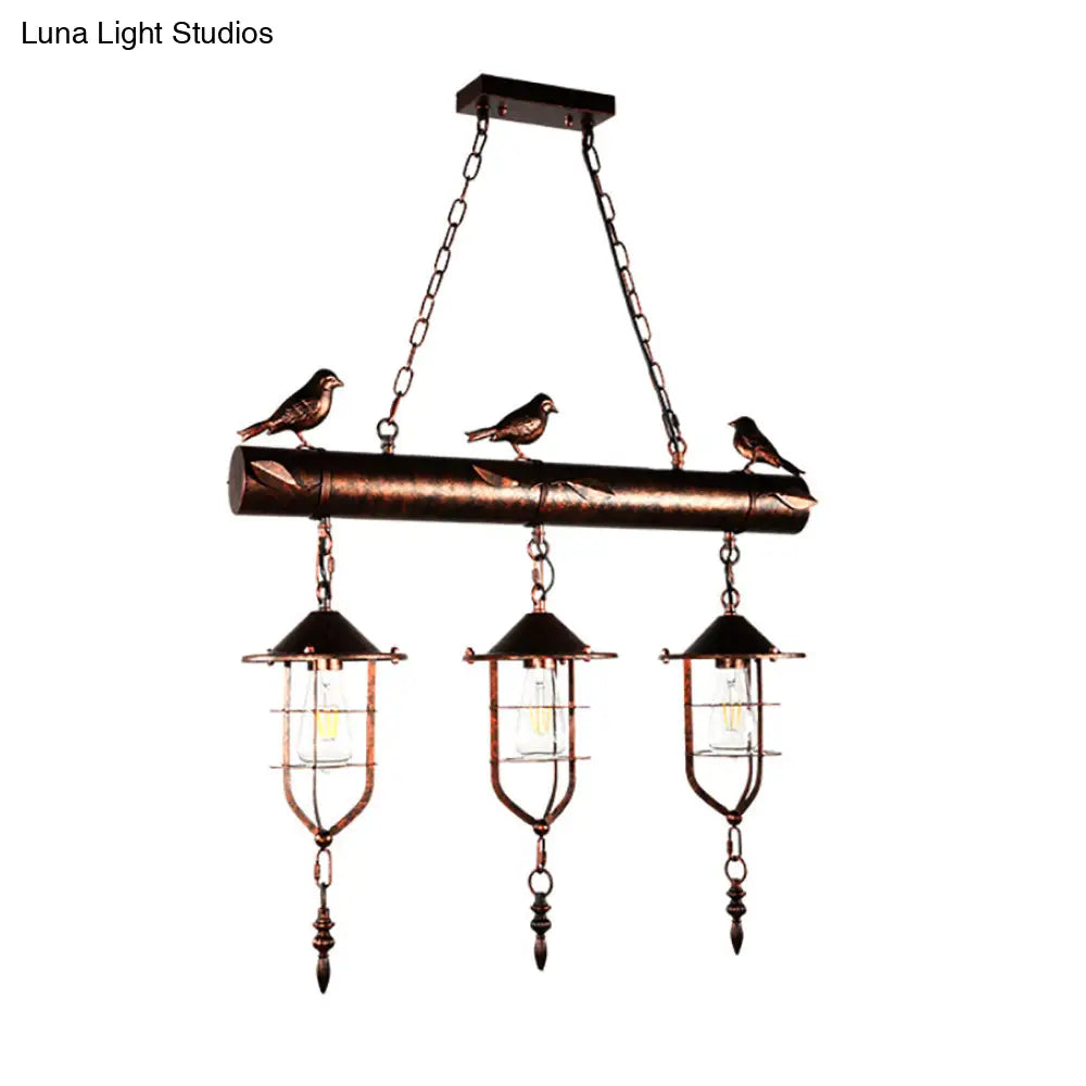 DecorBites™ Coastal Style Metal Caged Island Pendant Light - 3-Light Kitchen Hanging Lamp in Bronze/Weathered Copper with Bird