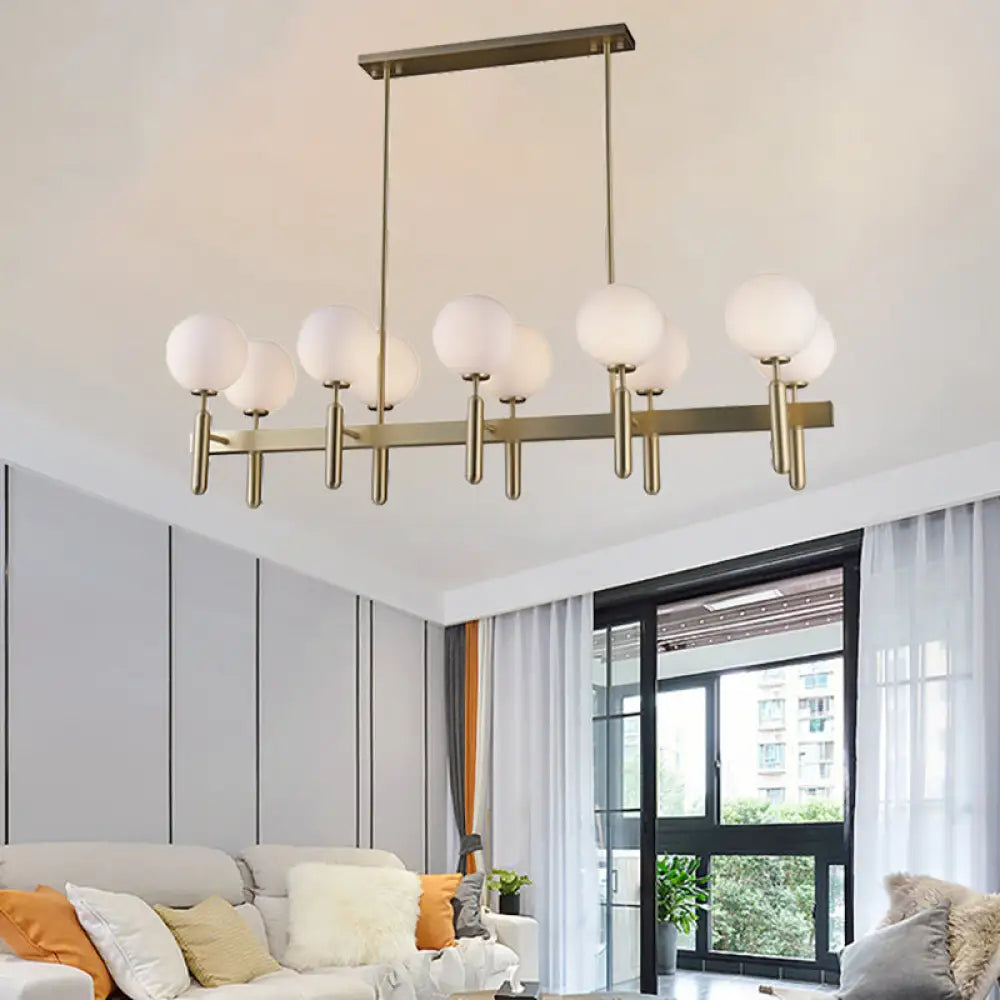 DecorBites™ Contemporary 10-Light Pendant with Gold Linear Design and White Glass Shades – Island Ceiling Light Fixture
