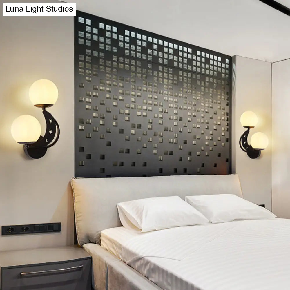 DecorBites™ Contemporary Bedroom Sconce Light: 2 Bulbs Black/Gold Wall Lamp with Milky Glass Ball Shades (Left/Right)