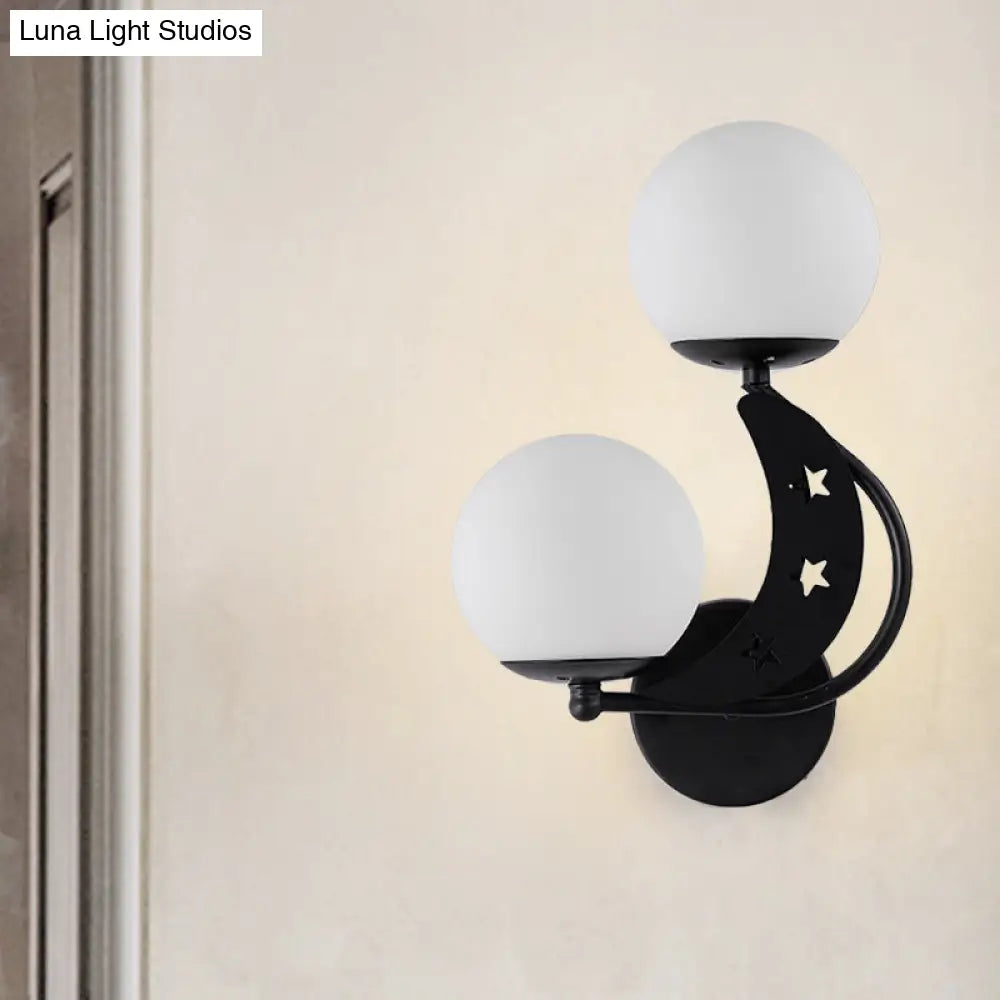 DecorBites™ Contemporary Bedroom Sconce Light: 2 Bulbs Black/Gold Wall Lamp with Milky Glass Ball Shades (Left/Right)