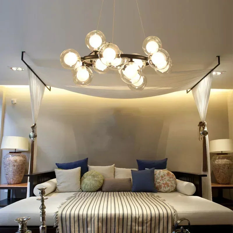 DecorBites™ Contemporary Black and Gold Chandelier - White Glass Ball