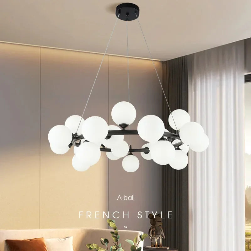 DecorBites™ Contemporary Black and Gold Chandelier - White Glass Ball