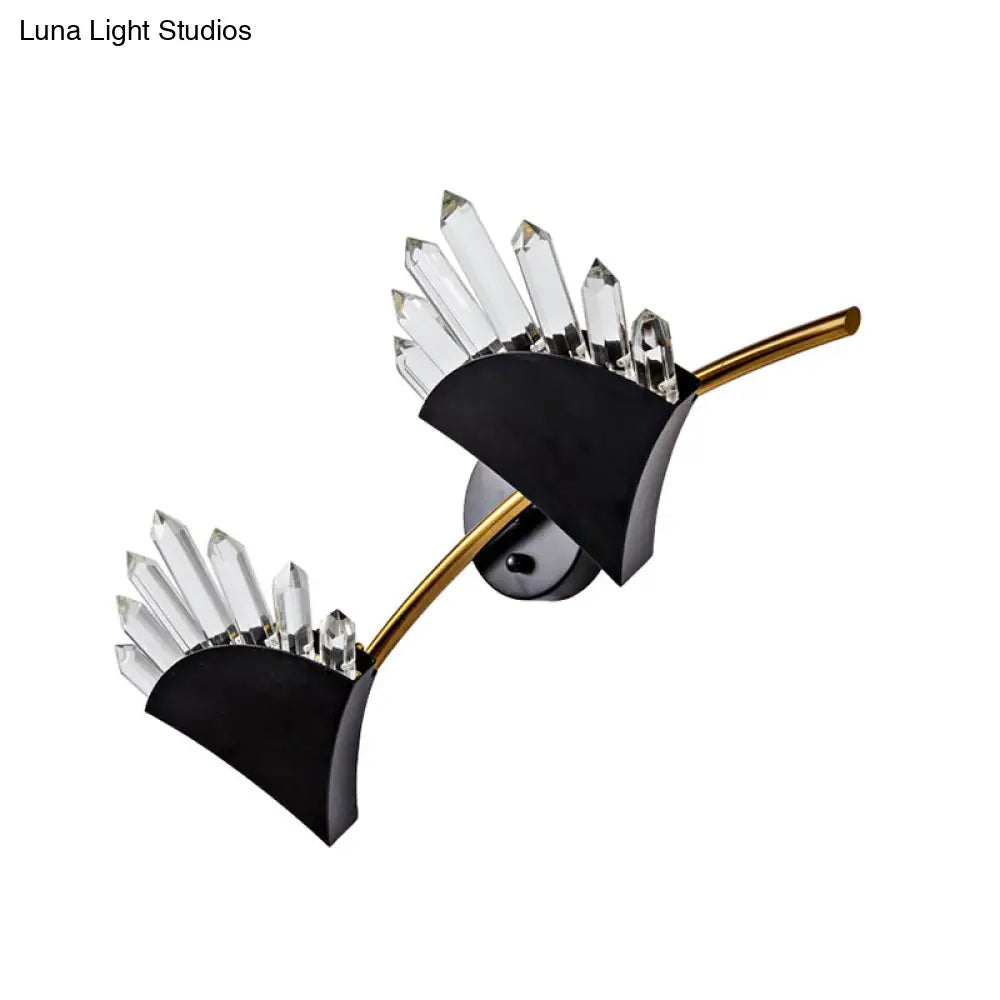 DecorBites™ Contemporary Black Fan Wall Light Fixture - Metal Sconce with Clear Crystal Prism - 1/2-Light
