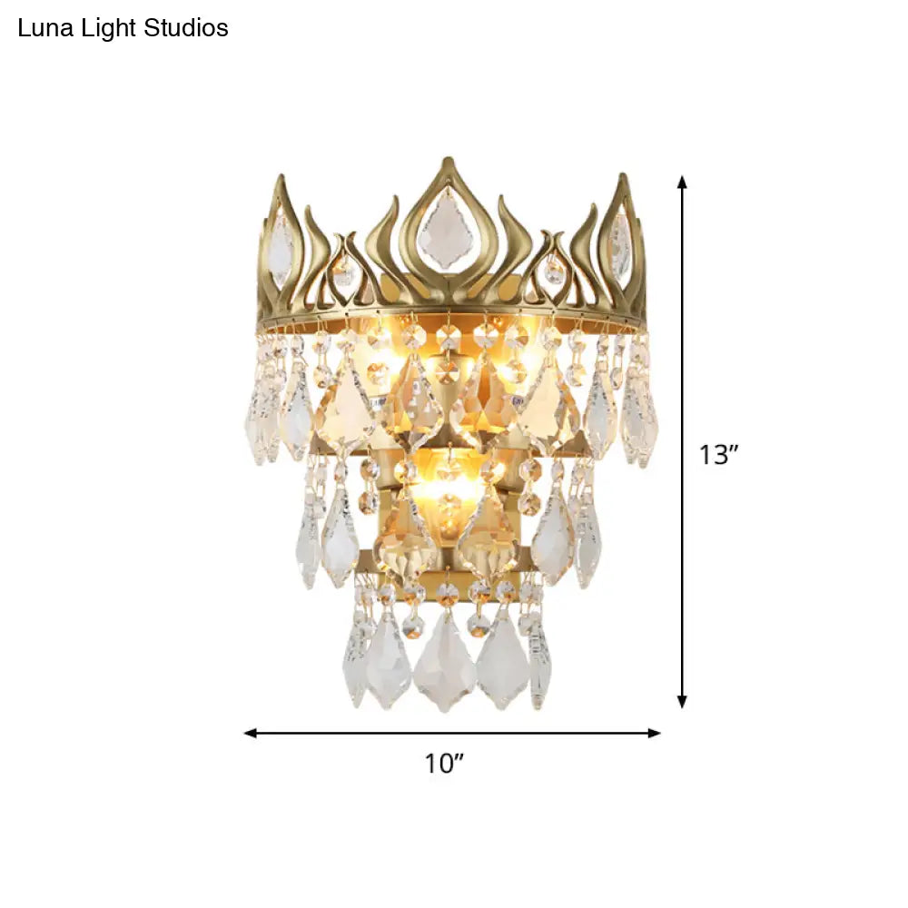 DecorBites™ Contemporary Brass Crystal Drip Wall Lamp - Crown Shape Sconce Light Fixture (3 Bulbs)