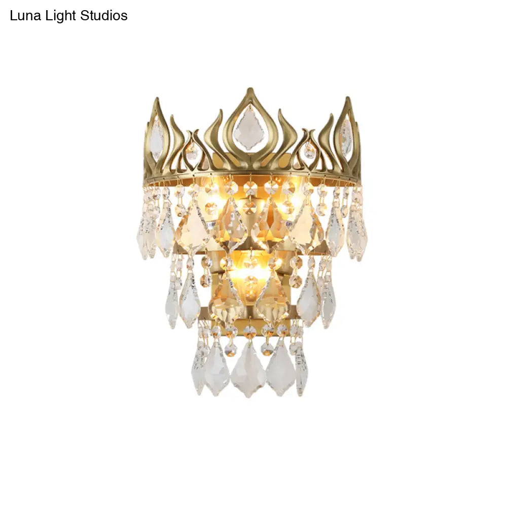 DecorBites™ Contemporary Brass Crystal Drip Wall Lamp - Crown Shape Sconce Light Fixture (3 Bulbs)