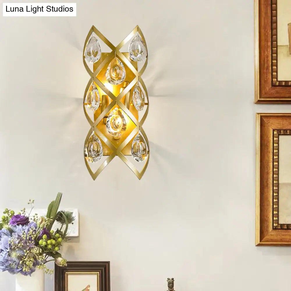 DecorBites™ Contemporary Brass Finish Teardrop Sconce: Clear Crystal Wall Light with 2 Lights for Living Room