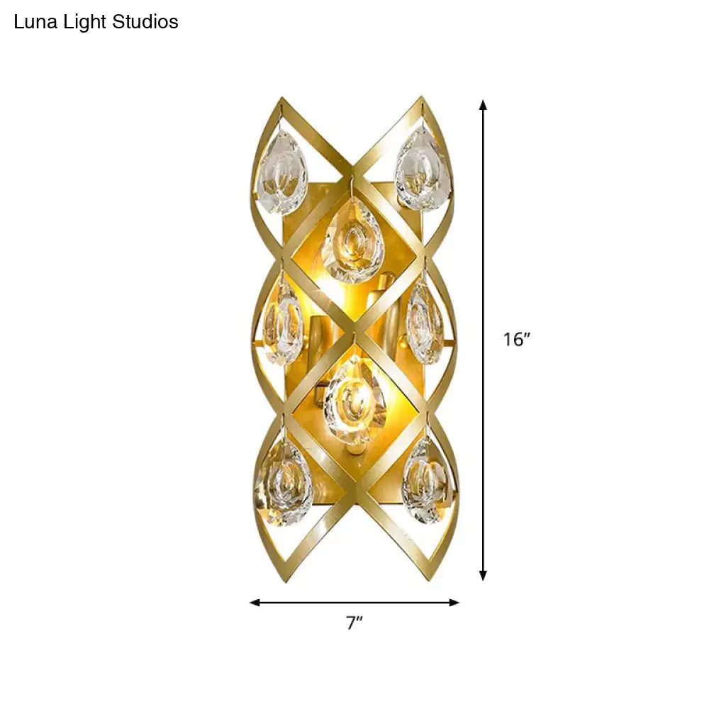 DecorBites™ Contemporary Brass Finish Teardrop Sconce: Clear Crystal Wall Light with 2 Lights for Living Room