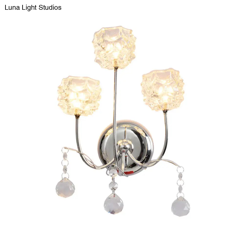 DecorBites™ Contemporary Chrome Wall Sconce with Floral Crystal Shade - 3 Heads, Curvy Metal Arm