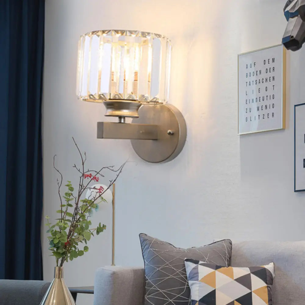DecorBites™ Contemporary Crystal Nickel Drum Sconce Light for Bedroom Wall"