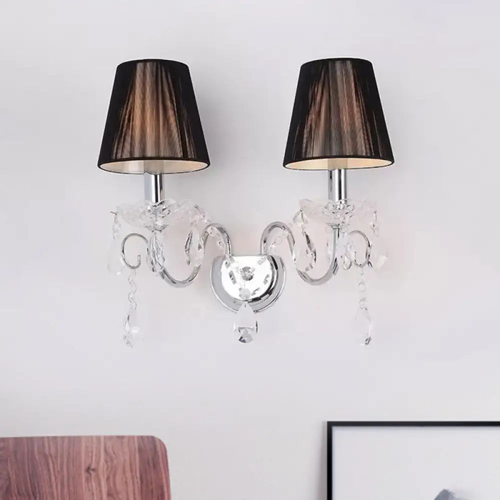 DecorBites™ Contemporary Crystal Wall Sconce with Gathered Fabric Shade - 2 Bulb Light Fixture for Living Room, Black