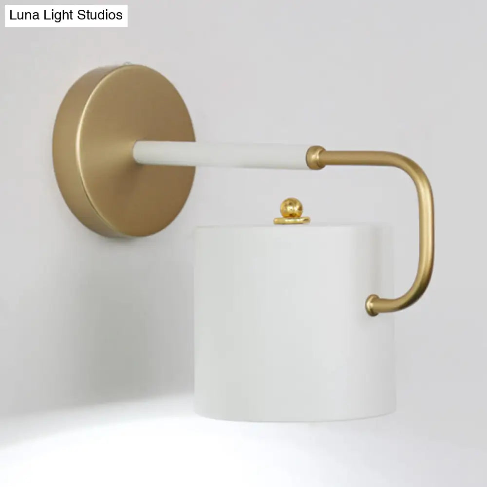 DecorBites™ Contemporary Cylinder Wall Lamp with Curved Arm - White Metal Sconce Light Fixture (1 Bulb)