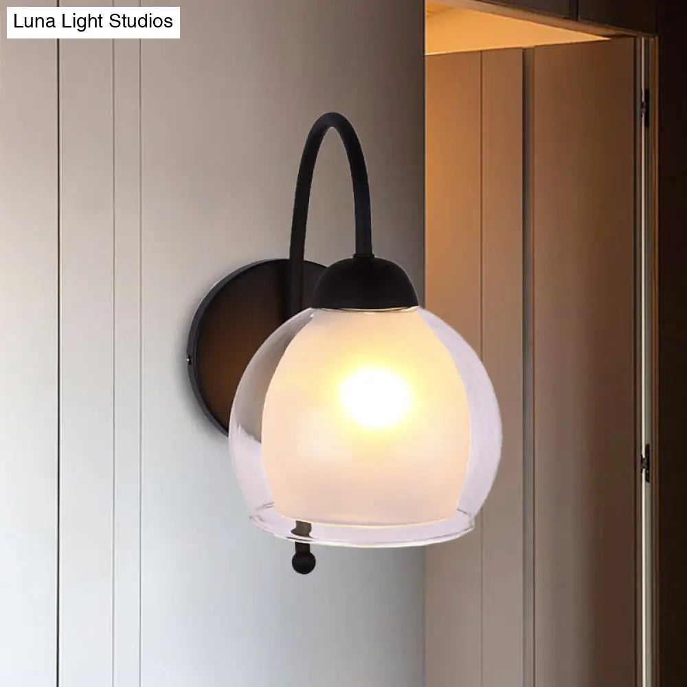 DecorBites™ Contemporary Frosted Glass Wall Sconce in Black with Curvy Metal Arm