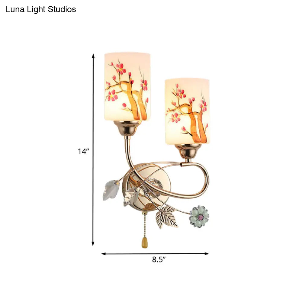 DecorBites™ Contemporary Gold Finish Wall Lamp with Cream Glass Shade & Pull Chain