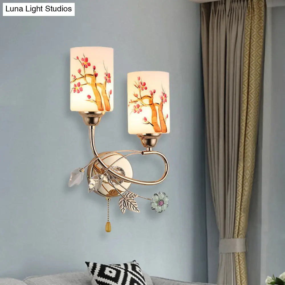 DecorBites™ Contemporary Gold Finish Wall Lamp with Cream Glass Shade & Pull Chain