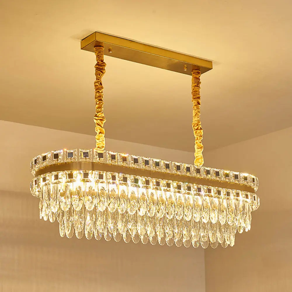 DecorBites™ Contemporary Gold LED Crystal Tiered Island Light Fixture - Stylish Oblong Hanging Lamp for Table