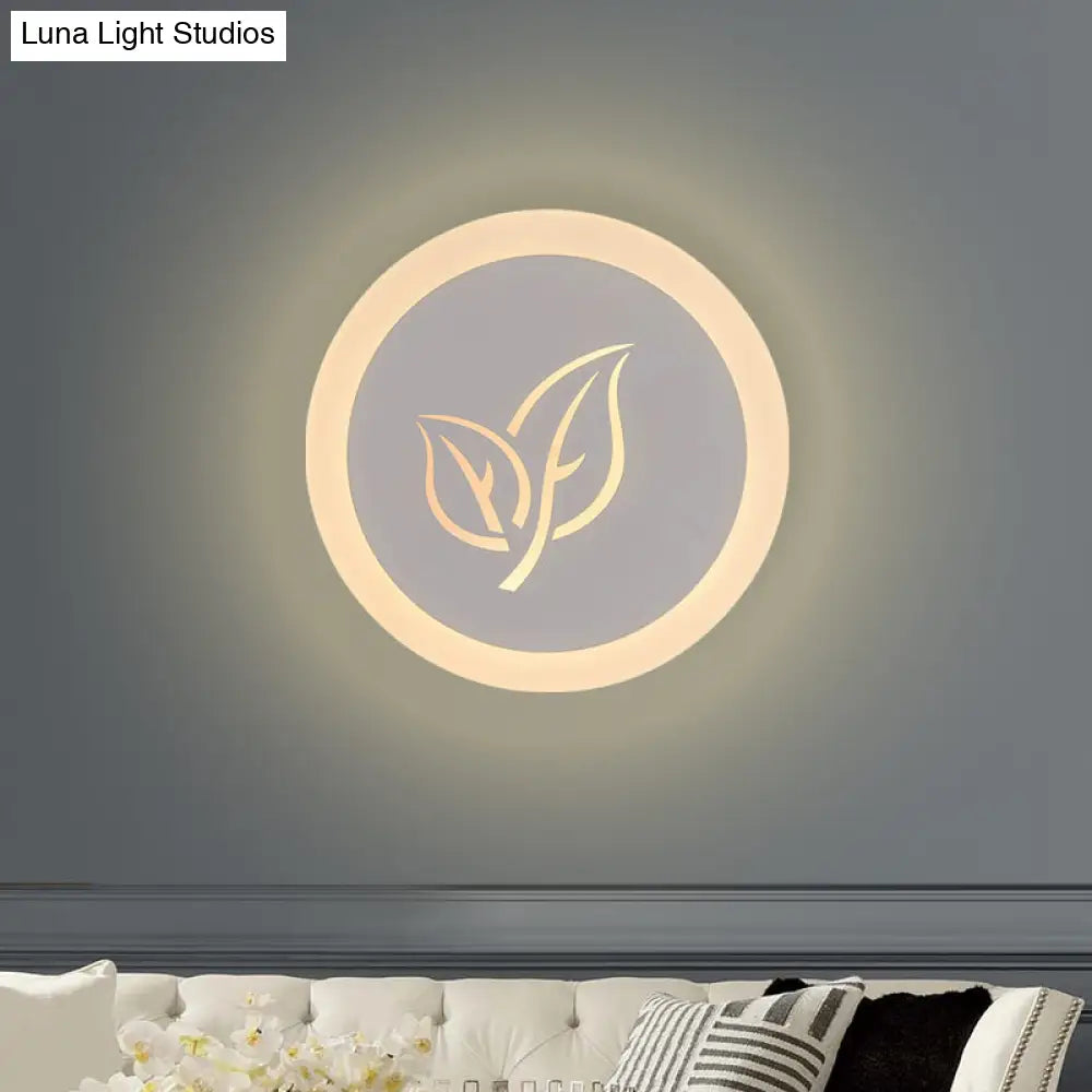DecorBites™ Contemporary LED Flush Wall Sconce in White with Leaf Pattern - Modern Circle Design