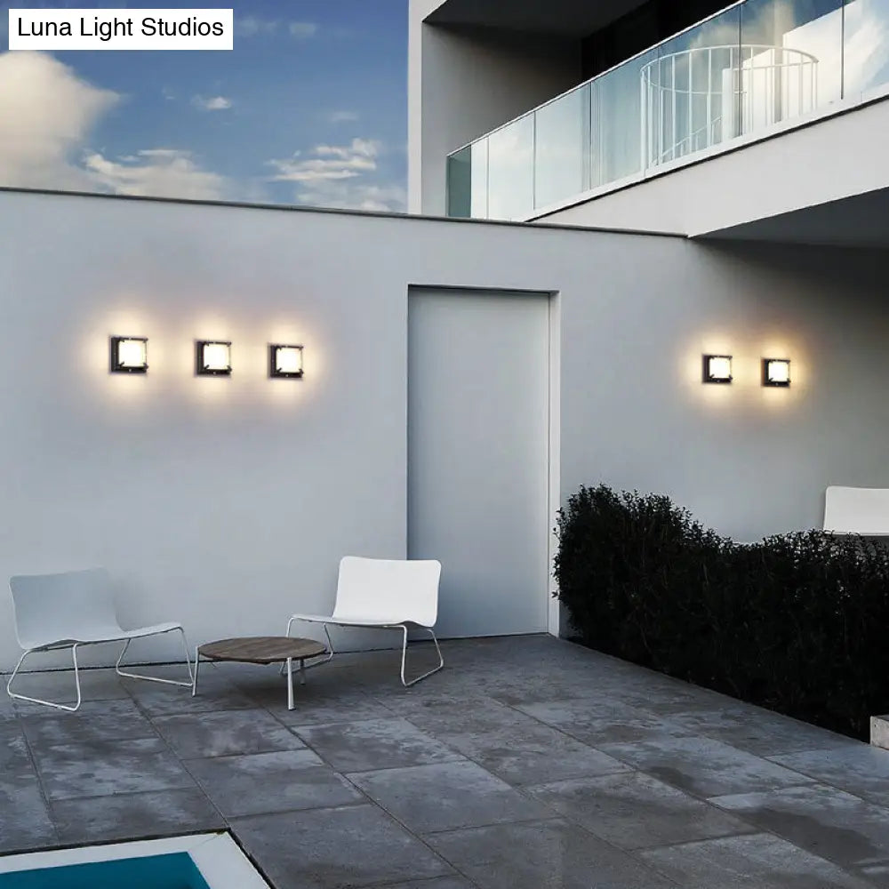 DecorBites™ Contemporary LED Square Patio Wall Sconce Light in Black with Frosted Glass
