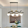 DecorBites™ Contemporary Linear/Branch Dining Room Island Lamp - Cream Glass Ball, 4 Heads, Hanging Pendant with Bird Deco (Black-Gold)