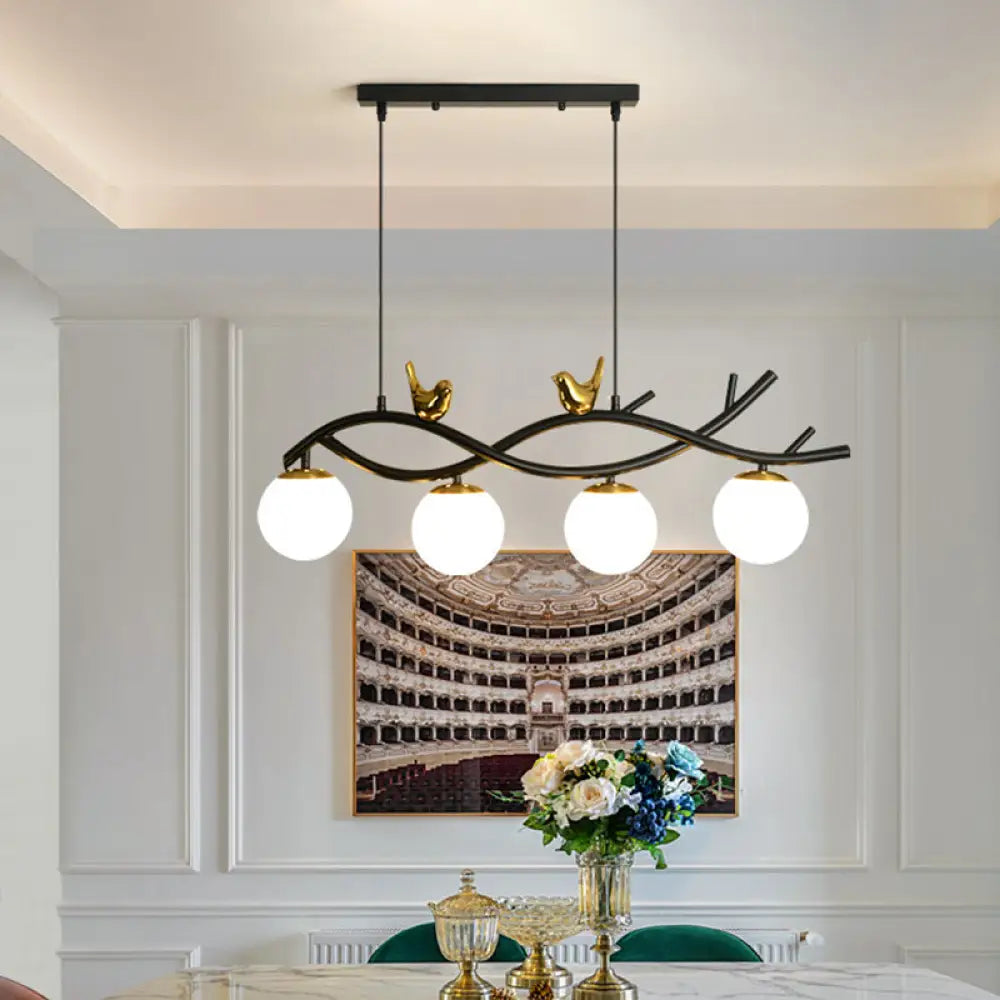 DecorBites™ Contemporary Linear/Branch Dining Room Island Lamp - Cream Glass Ball, 4 Heads, Hanging Pendant with Bird Deco (Black-Gold)