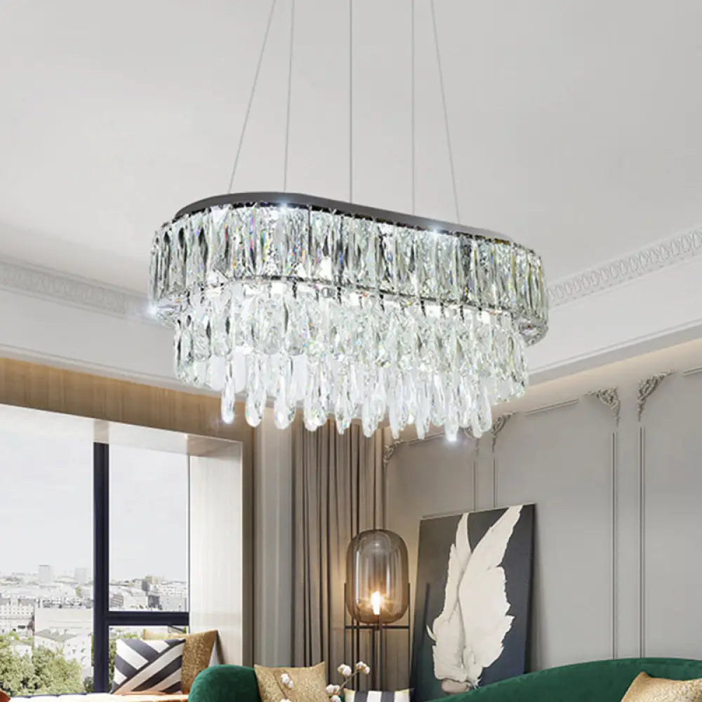 DecorBites™ Contemporary Silver Oval Crystal Drip Pendant Light - 11 Bulbs, Ideal for Guest Rooms and Islands