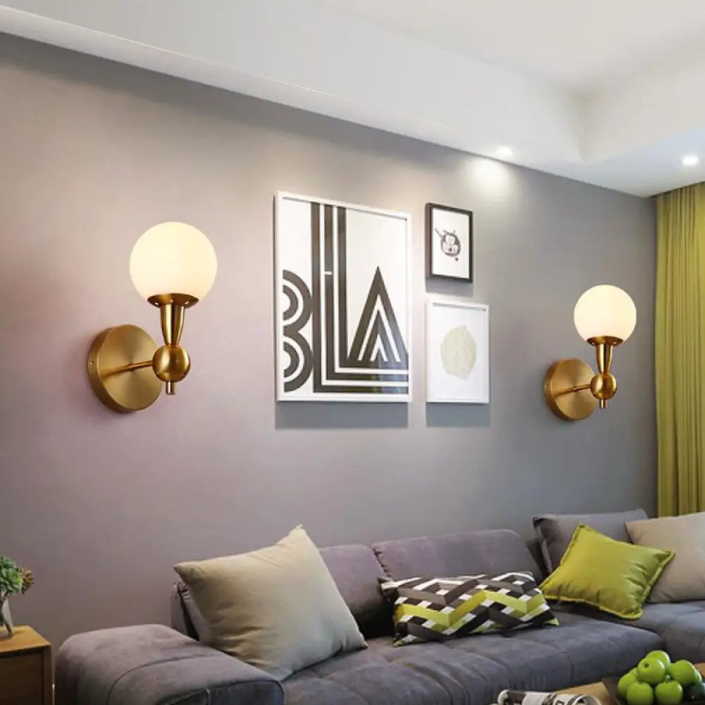 DecorBites™ Contemporary White Glass Bedside Wall Light in Gold - Spherical Wall Lighting Fixture