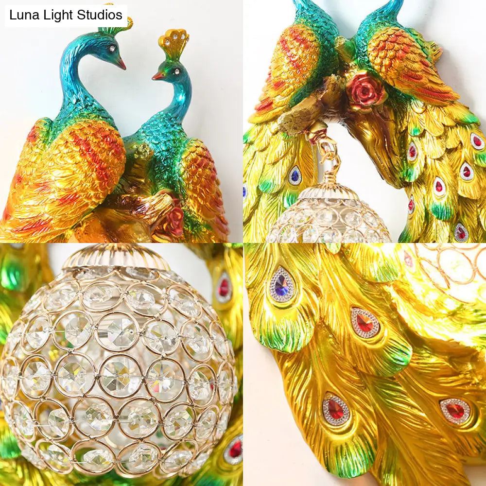 DecorBites™ Country Style Peacock Wall Sconce with Crystal Shade for Bedroom - Yellow Resin 1-Light Lamp