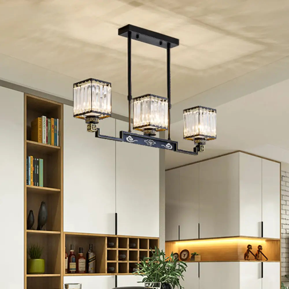 DecorBites™ Crystal Island Chandelier Light - Traditional Black Square Dining Room Lamp