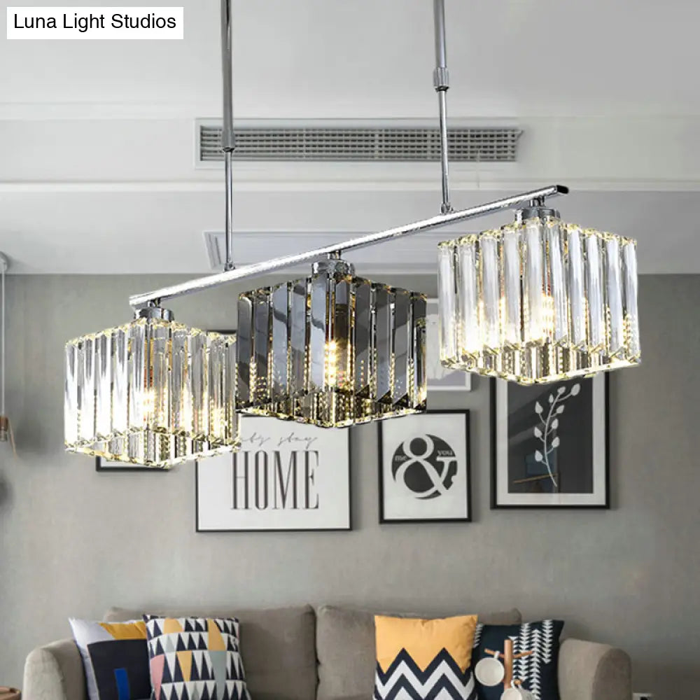 DecorBites™ Cube Island Ceiling Light Modern Crystal Shaded Pendant, Chrome Finish - 3/4 Lights, Table Overhead