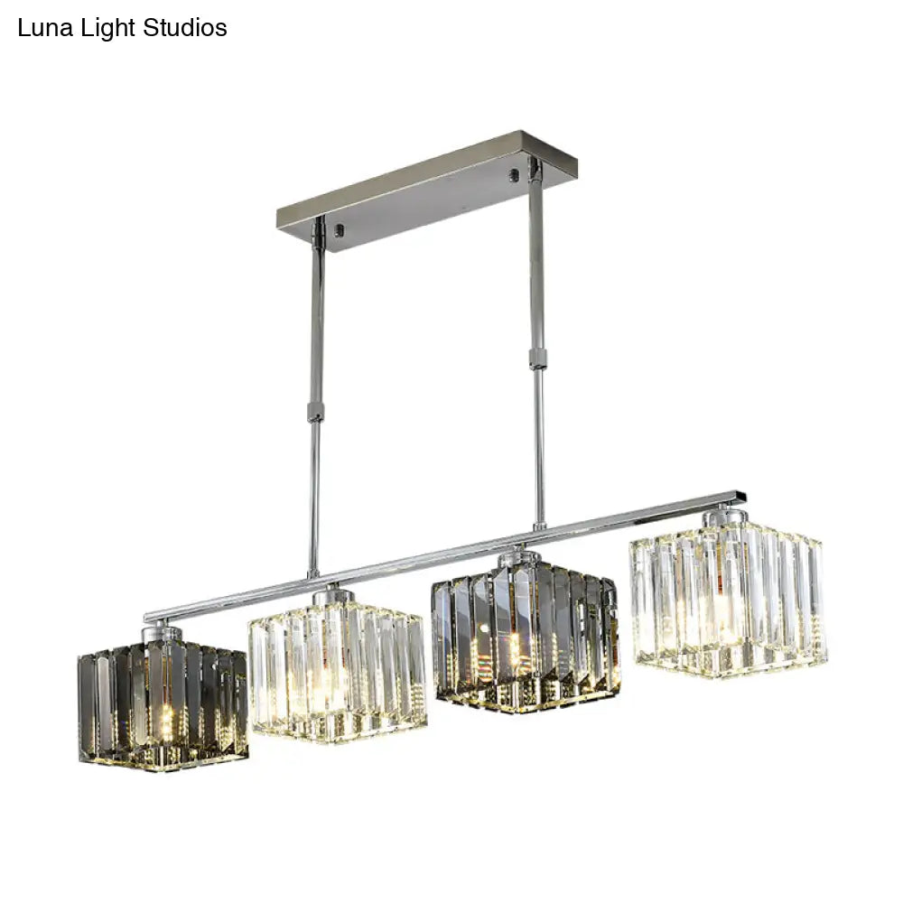 DecorBites™ Cube Island Ceiling Light Modern Crystal Shaded Pendant, Chrome Finish - 3/4 Lights, Table Overhead