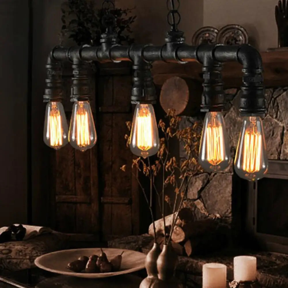 DecorBites™ Cyberpunk Black Iron Plumbing Pipe Hanging Lamp - 5-Light Pendant for Dining Room Island